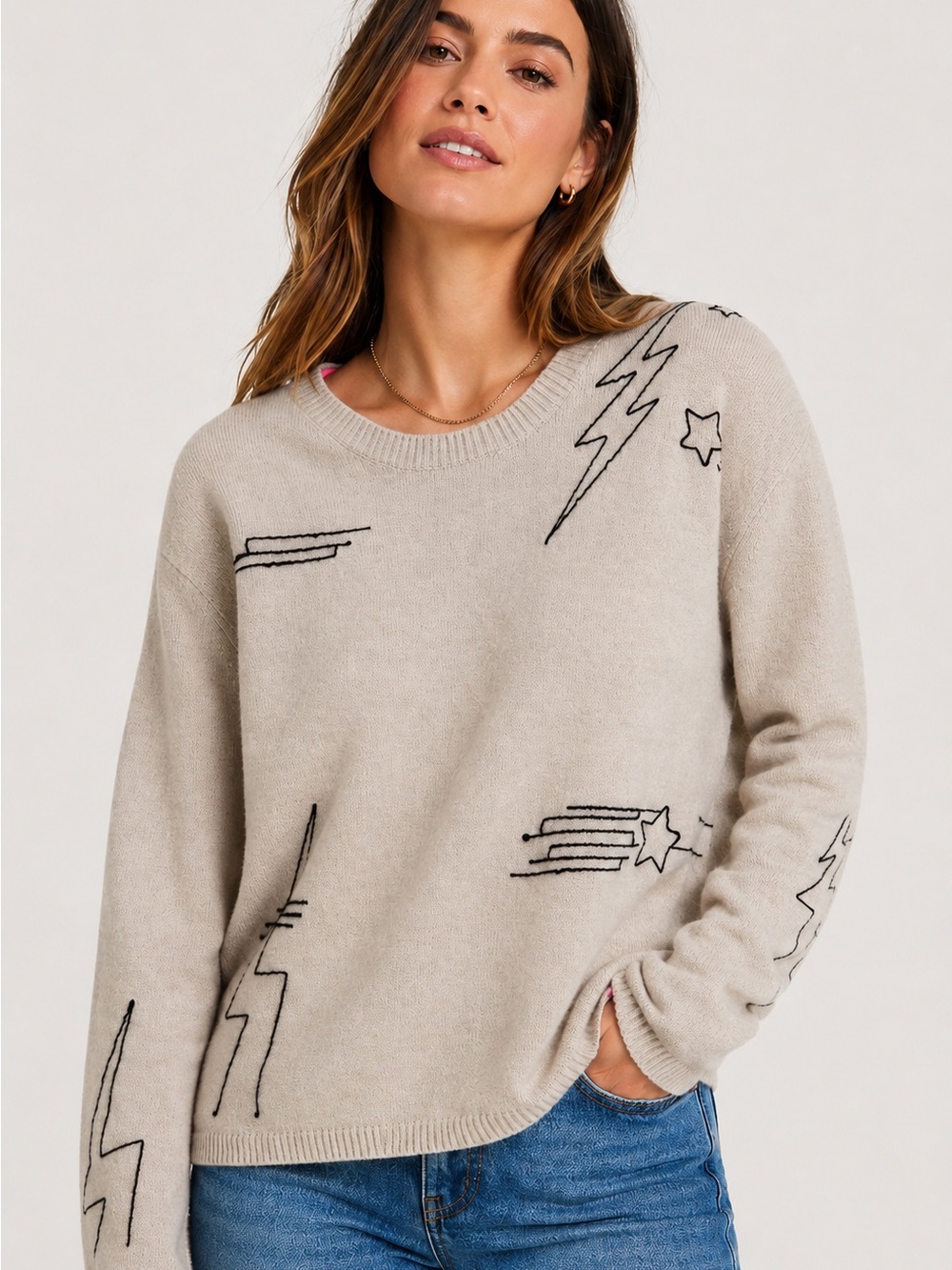 Brodie Fine Cashmere Sweater M NWT Lightning Bolt Star Graphic 100% Cashmere